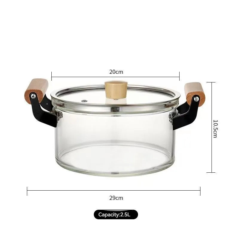 Direct heating heat resistant clear transparent glass cooking pot