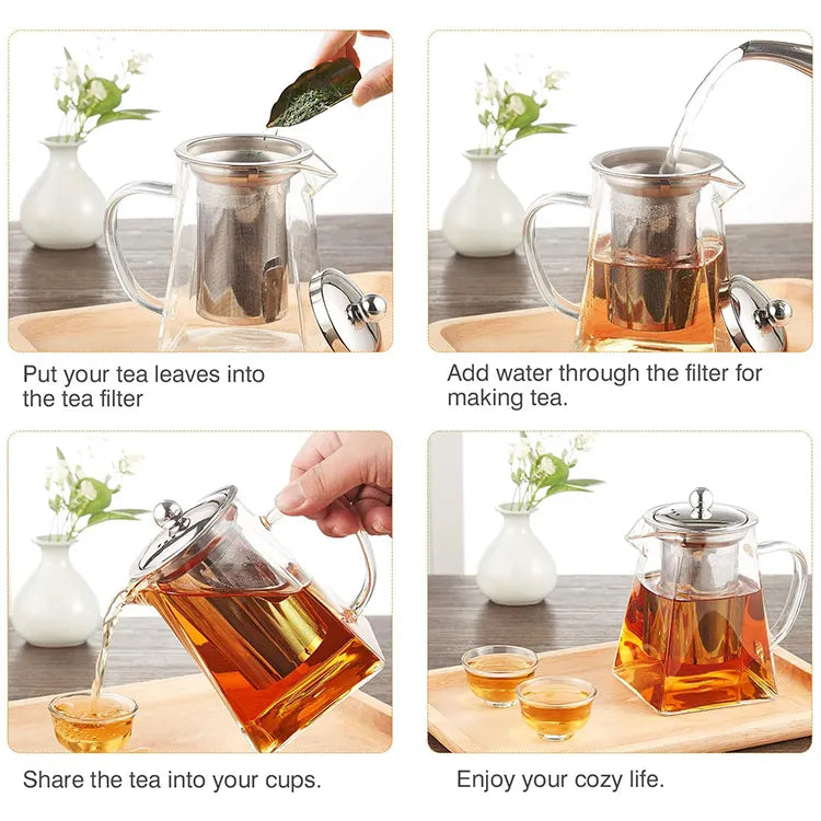 Square Glass Teapot with Removable Infuser,Stovetop Safe Glass Tea Kettle