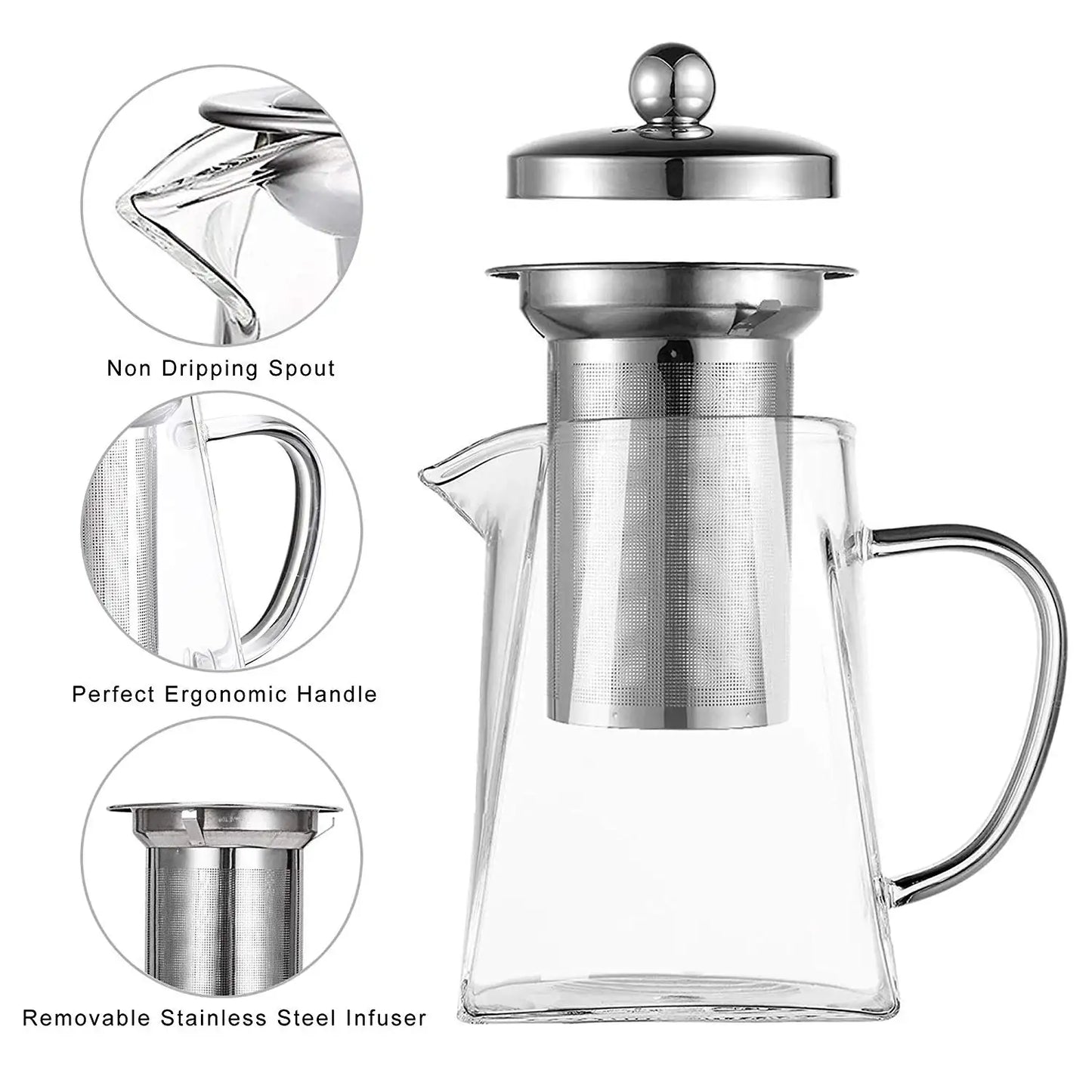 Square Glass Teapot with Removable Infuser,Stovetop Safe Glass Tea Kettle