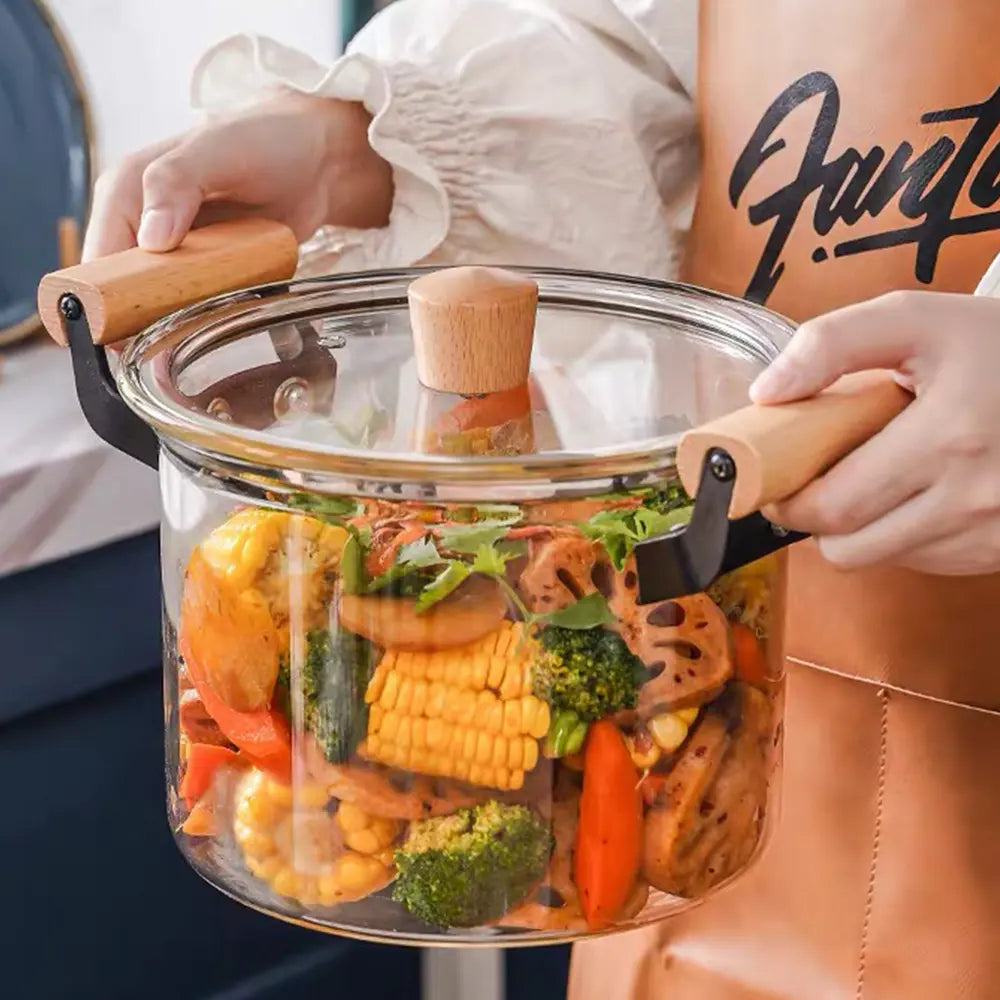 Direct heating heat resistant clear transparent glass cooking pot