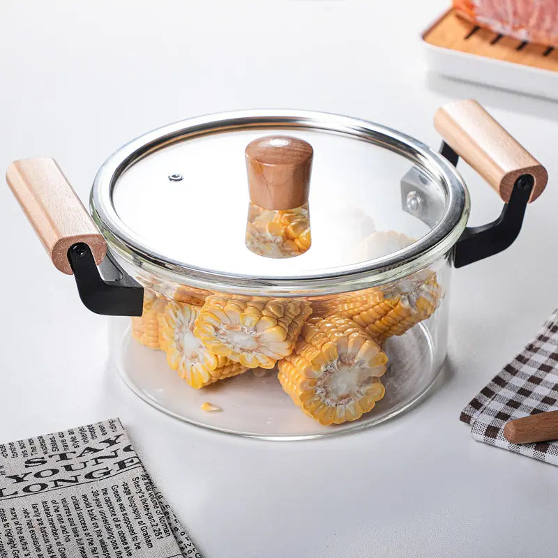 Direct heating heat resistant clear transparent glass cooking pot