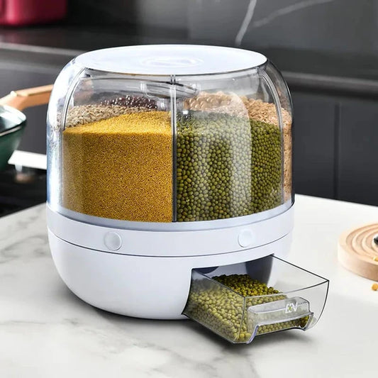 Cereal Rice Bucket Dispenser 6 Grid 360° Rotating Waterproof and Moisture-Proof Rice Storage Box for Kitchen